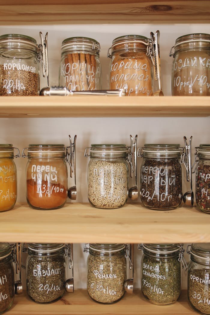Rustic wooden shelves with assorted spices and ingredients stored in labeled glass jars for zero-waste storage.